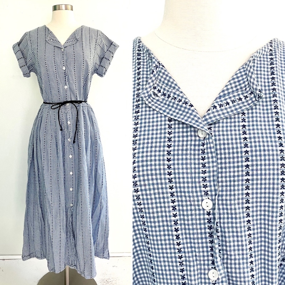Vintage 90’s does 40’s blue & white gingham plaid farm cottagecore dress